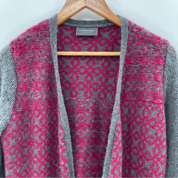 Wooden Ships Mohair Wool Blend Gray Pink Soft Open Cardigan Sweater Size M/L - Picture 3 of 7